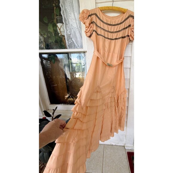 Antique 30's Peach Taffeta Satin Beaded Ruffled Dress AS IS TLC Size XS/S - Picture 6 of 16